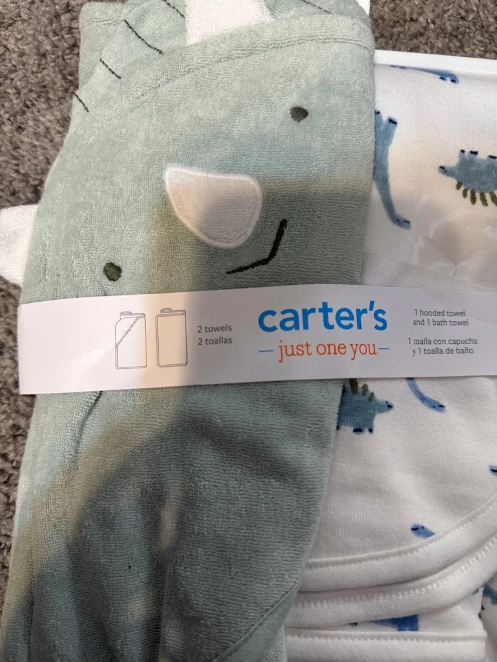 Carter's Sage Green and White Dinosaur Hooded Towel & Washcloth Set